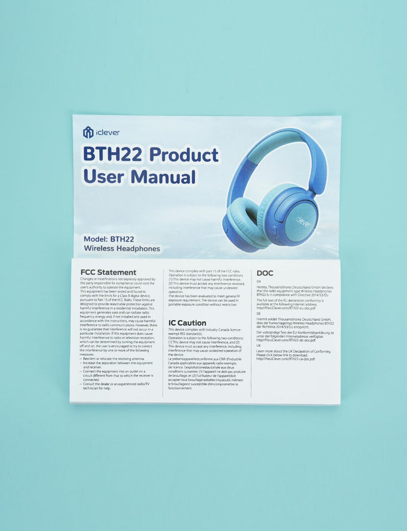 iClever BTH22 Kids Bluetooth Headphones, 60H Play Time, 74/85 dBA Safe Volume, Bluetooth 5.4, USB C, Over Ear Kids Headphones Wireless with Mic AUX Cord for iPad/Tablet/Travel/School, Blue