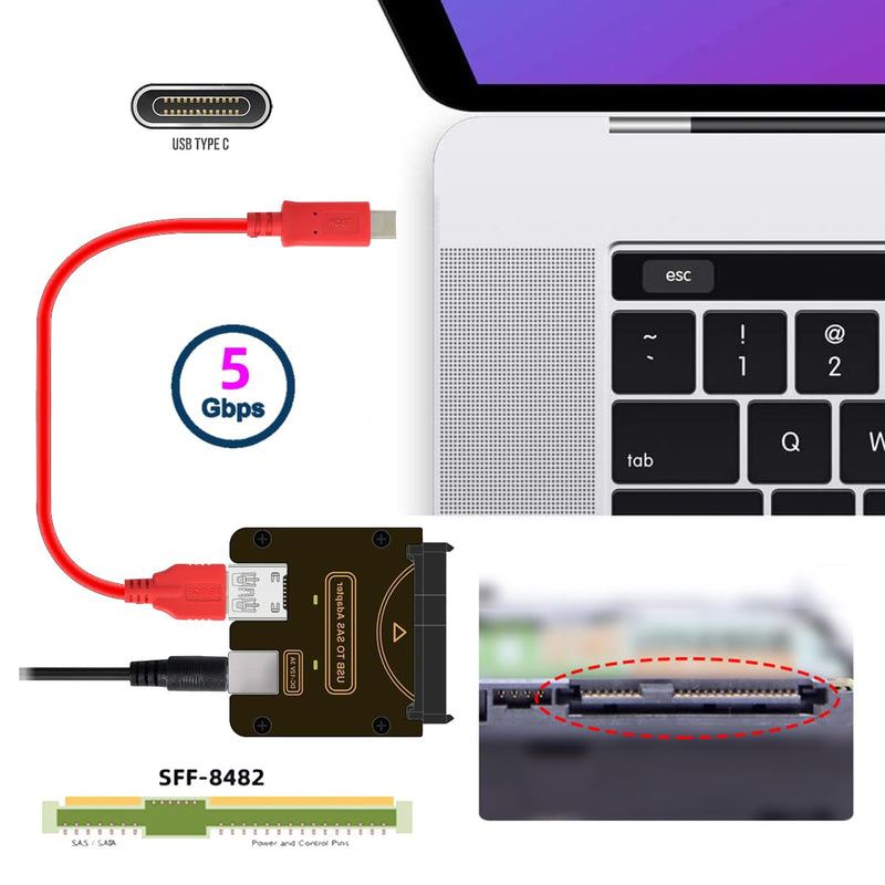 cablecc 29Pin SFF-8482 SAS to 5Gbps USB Type-C & Type-A Hard Disk Drive Raid Adapter with Chipset and Power Port (Need 12V/3A Power Supply) SFF-8482 to USB3.0 A-C cable with power supply