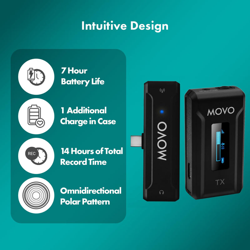 [AUSTRALIA] - Movo WMX-2-C Wireless Microphone for USB-C Devices – Wireless Lavalier Mic System with Charging Case – Clip-On Lapel Mic for iPhone 15 and Up, Android, iPad Pro, MacBook – 7HR Battery, 328ft Range 1 Transmitter 