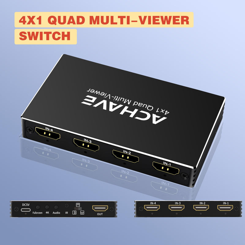 ACHAVE 4x1 HDMI Multiviewer Switch 2x1 3x1, 4K@30Hz 1080P@60Hz Quad Screen Splitter with 10 Display Modes, Seamless Switching, IR Remote Control, Compatible with Laptop, Xbox, TV Box