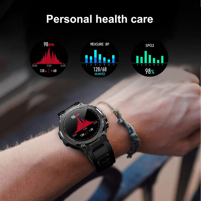 1.28" IPS Tactical Smart Watch for Men Activity Fitness Tracker with 400mAH Large Battery Outdoor Bluetooth Call Heart Rate Sleep Monitor Pedometer IP68 Waterproof Sport Watch for Android iOS k22-Army green