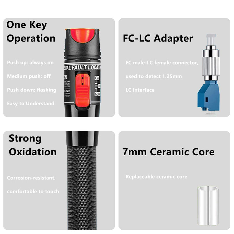 50 MW FTTH Fibre Optic Tester, Visual Fault 50 km Locator Fibre Optic Cable Tester Fibre Optical, VFL Fibre Optic Tester, Fibre Optic Cable Tester with Singlemode 9/125 um FC Male to LC Female Adapter red