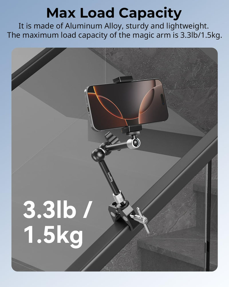 SmallRig Clamp w/ 1/4" and 3/8" Thread Holes, 9.8 Inches Adjustable Friction Power Articulating Magic Arm with Phone Holder for Action Cameras, Smartphones, LCD Monitor/LED Lights - 5326 9.8''+phone clamp