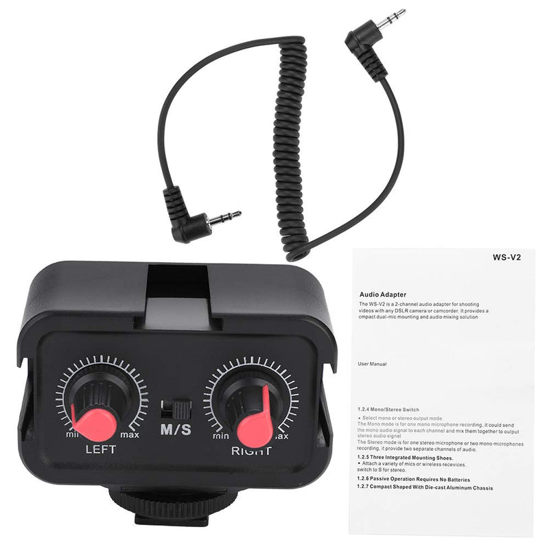 DSLR Cameras Audio Mixer Adapter, WS V2 Channel Small Microphone Audio Mixer for DSLR Cameras Mono 1/8inch(3.5mm) inputs/Stereo 1/8inch(3.5mm) Input / 1/8inch(3.5mm) Stereo