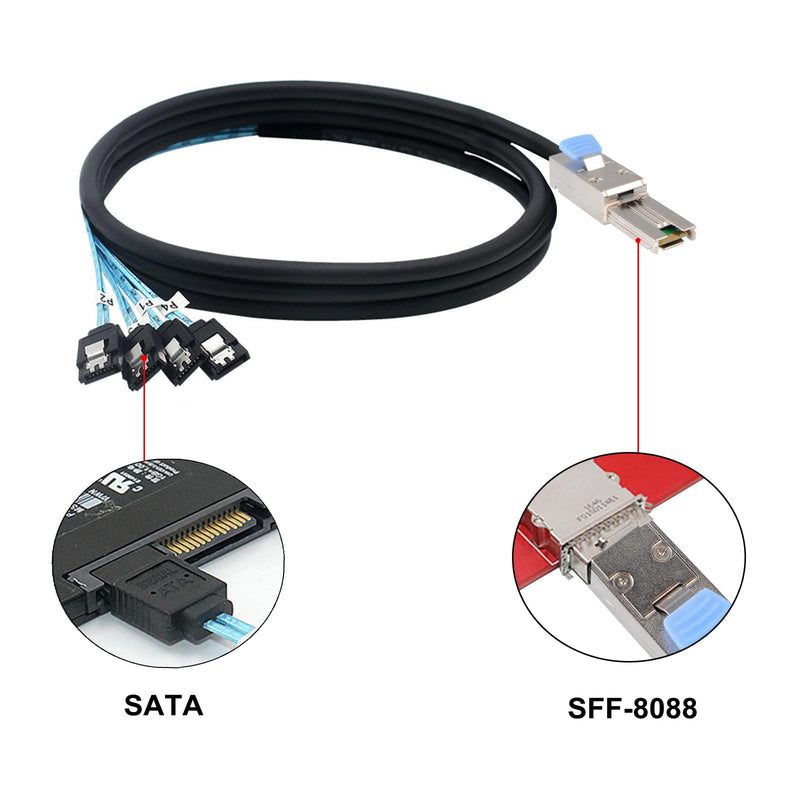 2PCS Mini SAS 26P SFF 8088 Male to 4 SATA 7Pin Female 1M 3.3FTCable with Latch,Mini SAS Host/Controller to 4 SATA Target/Backplane 3.3ft/2 PACK SFF-8088 to 4SATA