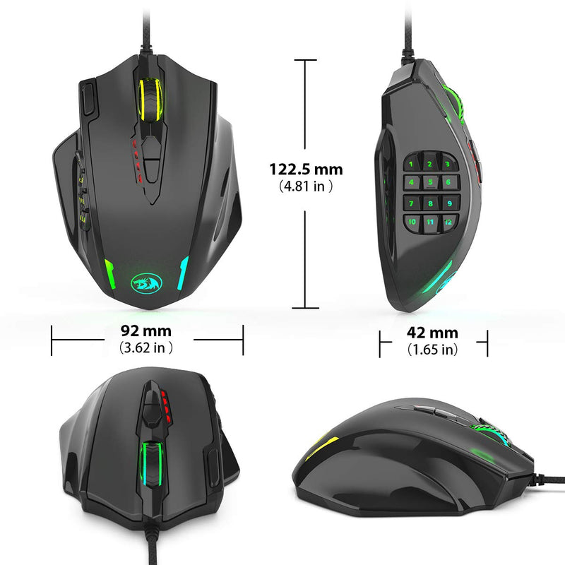 Redragon M908 Impact RGB LED MMO Mouse with Side Buttons Optical Wired Gaming Mouse with 12,400DPI, High Precision, 20 Programmable Mouse Buttons Black Wired