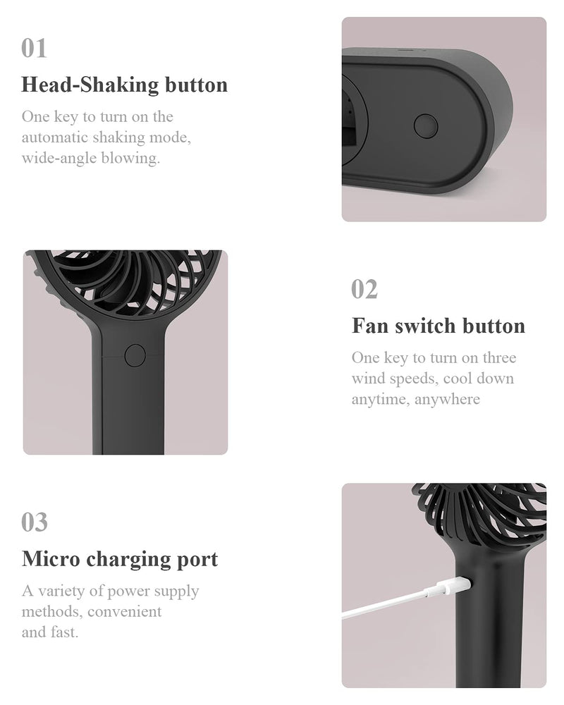 Minthouz Handheld Fan, 90° Automatic Head Shaking Personal Fan with Rotating Base, 3 Speed Adjustable Portable Fan Rechargeable Desk Fan with 2000mAh Built-in Battery, Mini Fan for Office/Home/Outdoor Black