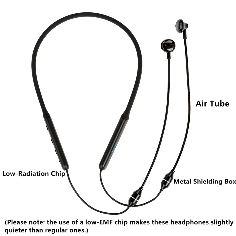 EMF Free Air Tube Bluetooth Headset, Low Radiation Chip Safety Headphones, Anti-Radiation Wireless Headset with Mic for Safe Daily Use. (Black) Black