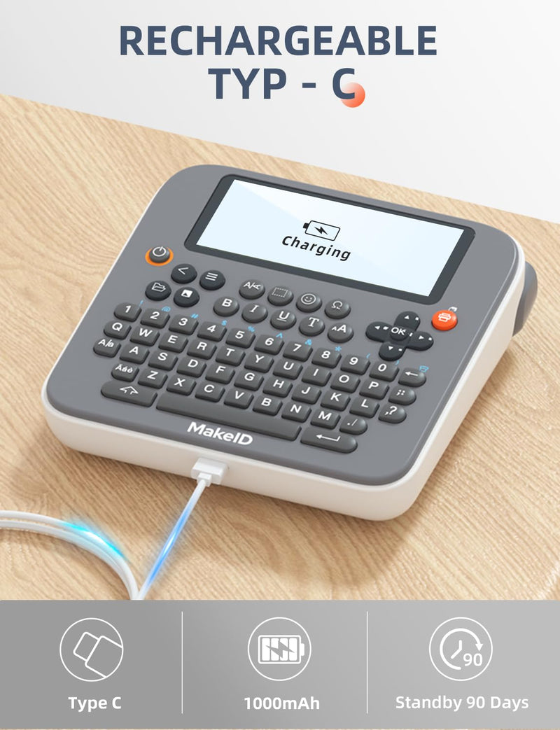 [AUSTRALIA] - Makeid E1 Label Maker - Bluetooth Rechargeable Label Maker Machine - QWERTY Keyboard Labeler, 3.4" Backlighting LCD Screen - Prints 9~16mm Label - Home and Office Organization Black 
