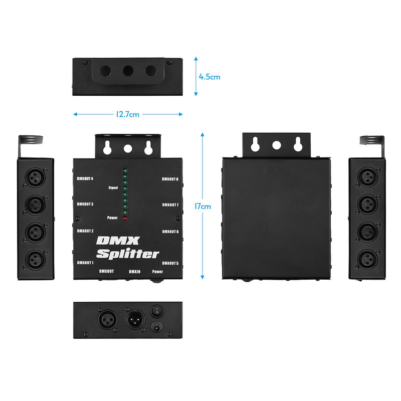 DMX512 Optical Signal Amplifier Spliter Distributor 1 Direct Input & Output 8 Independent Outputs for Light Controller Stage Console Party DJ Club Disco KTV Light with Power Adapter,Signal Split