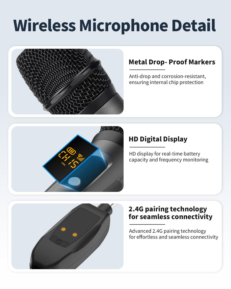 Wireless Microphone System, Dual Cordless Mics with 2.4GHz Signal, Rechargeable Plug & Play Dynamic Microphones for Karaoke, Church, Wedding, Speech, 250ft Range