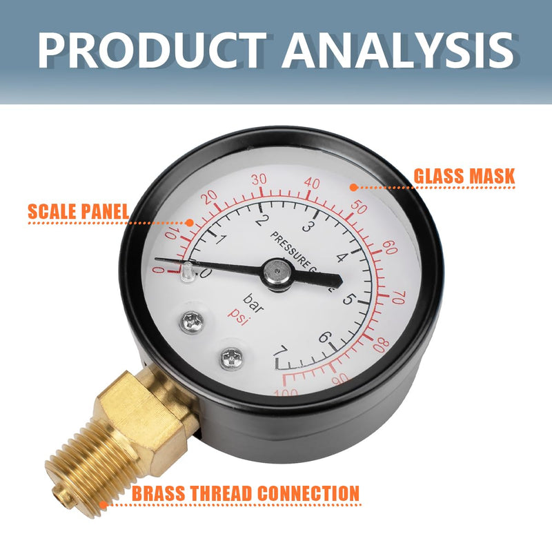Innfeeltech 50mm Well Pump Pressure Gauge BSP 1/4" 0-7 Bar, 0-100 Psi with Bushings & Nipple Reducer, 1 Teflon Tape, Radial 50MM, 7bar(100psi)