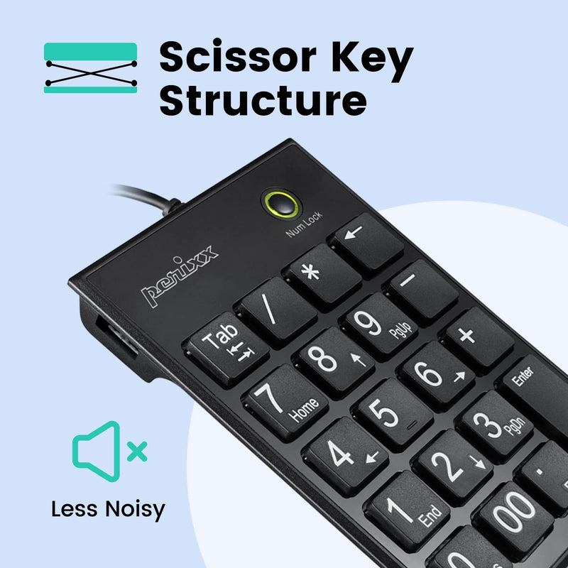 Perixx PERIPAD-202C Wired USB-C Slim Numeric Keypad - Scissor Keys with 2 USB-A Hubs and Tab Key - Compatible for Tablet, Laptop, & Desktop - Black USB type C with 2 Hubs