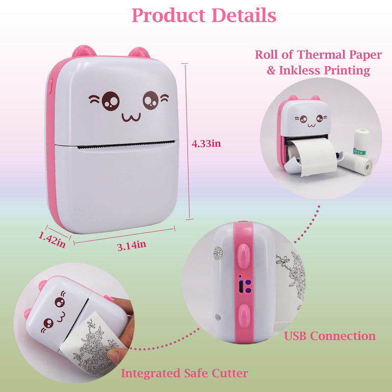 Mini Pocket Printer, Portable Thermal Printer with 8 Rolls Printing Paper, Bluetooth Wireless Tiny Printer for Photos/Stickers/Labels/Notes/Receipts, Compatible with iOS and Android, Pink