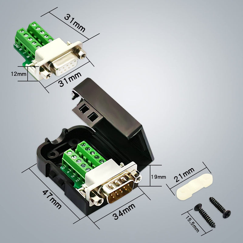 CenryKay DB9 Solderless RS232 DB9 Breakout Connector 9-pin Port Terminal Male Female Connector Board with Nut (1Pcs-Male+1Pcs-Female) 1Female+1Male+Nut