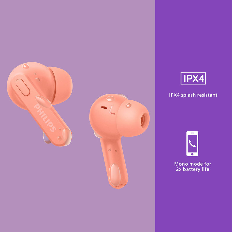 Philips T2206 True Wireless Headphones with IPX4 Water Resistance and Super-Small Charging case Peachy Pink One size fits all In-Ear with Tip