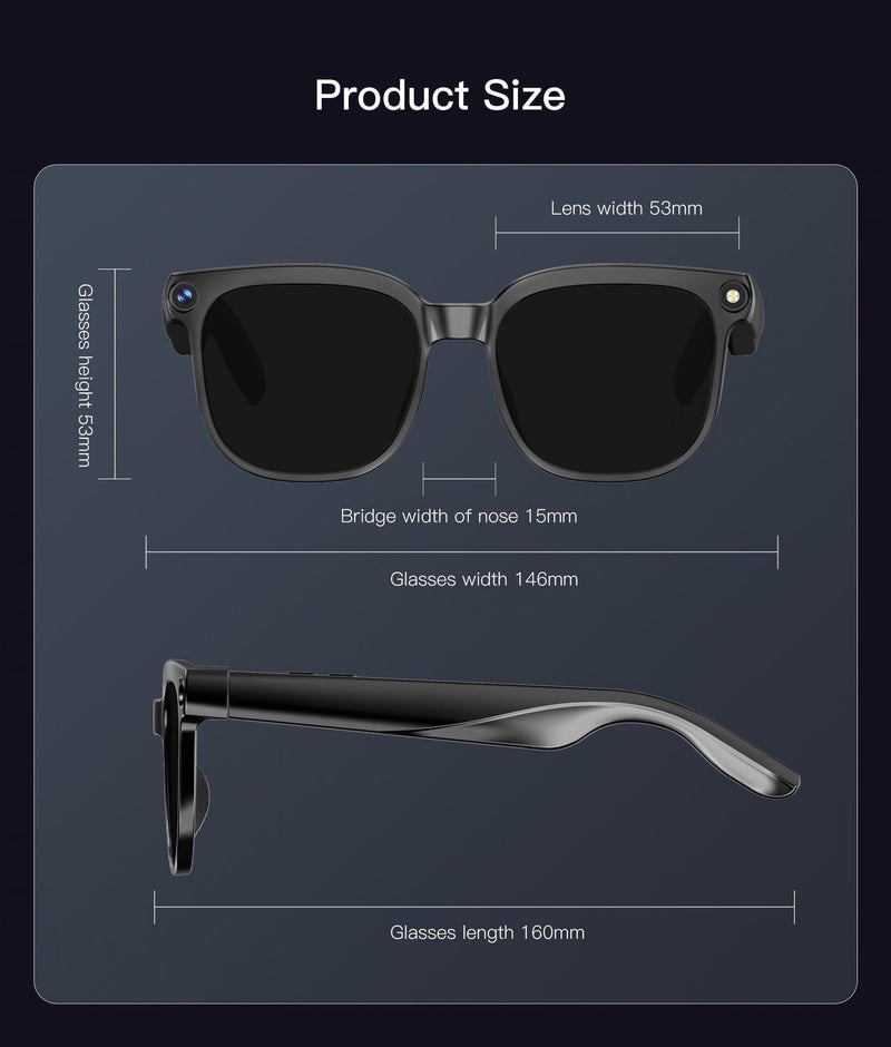 Smart Glasses with Camera, 8MP Anti-Shake Photochromic Smart Glasses | 1200P HD Video, Real Time Translation, AI Voice Assistant, Open Earbuds, Travel, Work Black
