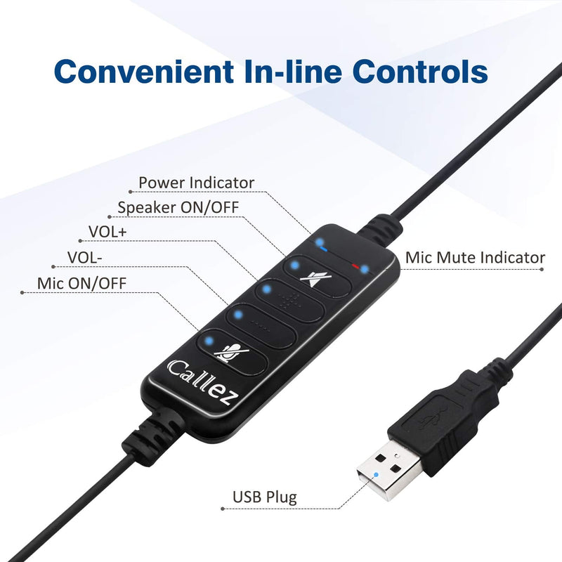 Callez USB Headset with Microphone Noise Cancelling & Audio Controls, Wideband Computer Headphones for Business UC Skype Lync Softphone Call Center Office, Clearer Voice, Super Light, Ultra Comfort Black