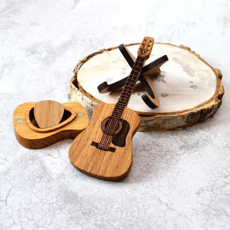 Wooden Guitar Pick Box with Stand,3PCS Unique Guitar Picks,Guitar Pick Holder Box,Musician Engraved Wooden Plectrum Case,Acoustic Guitar Box for Electric Bass Guitar Ukulele Lover