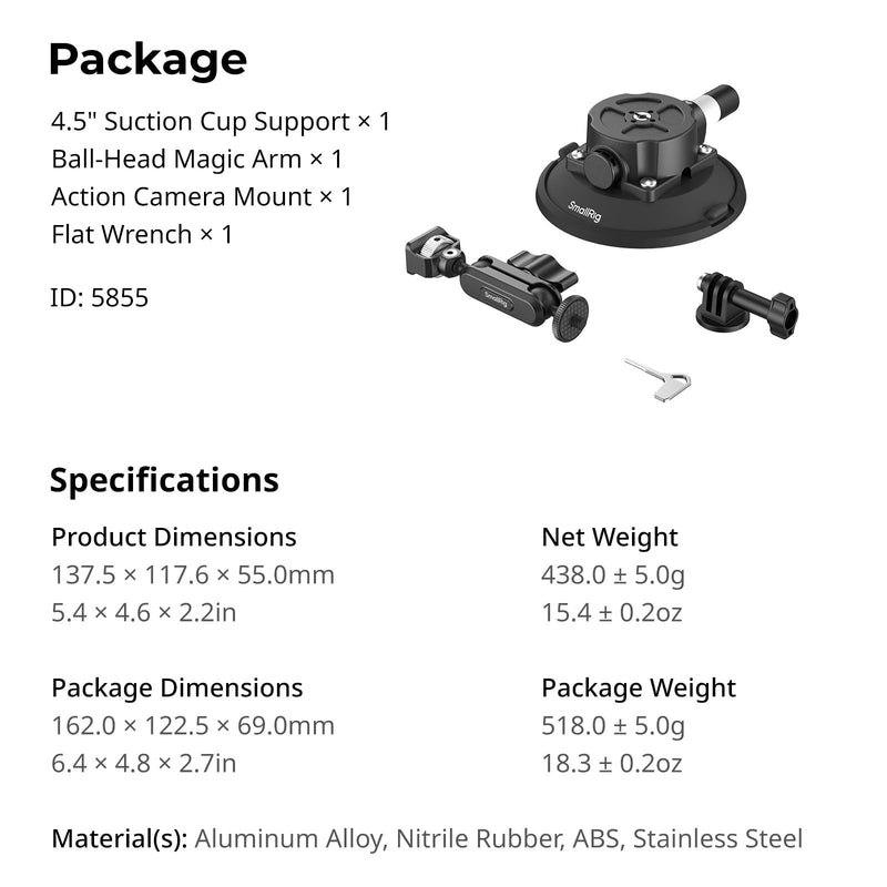 [AUSTRALIA] - SMALLRIG 4.5" Suction Cup Mount with Ball Head Magic Arm, Camera Mount for DJI Osmo Action 5 Pro/4, for Insta360 x5, for Gopro 13/12,on Car Windshield or Window, Compatible with Action Cameras-5855 4.5" 