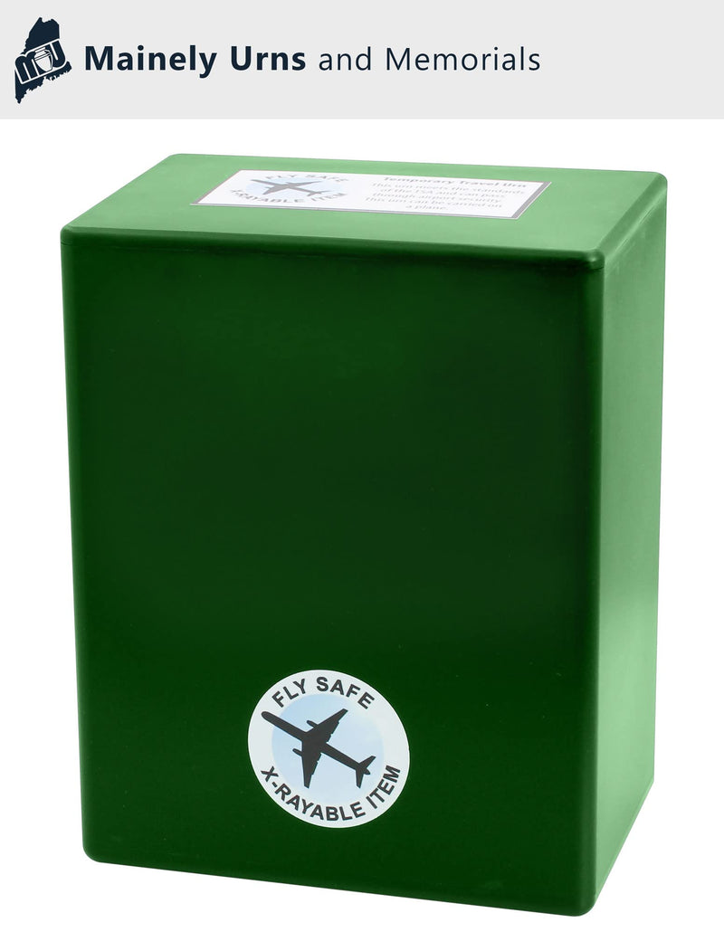 Mountain Themed TSA Approved Fly-Safe and Temporary Travel Cremation Urn Kit for Human Ashes - Airline and Mail Friendly - 200 Cubic Inch Capacity - Green Plastic Urn with Mountains Mailing Box Mountain