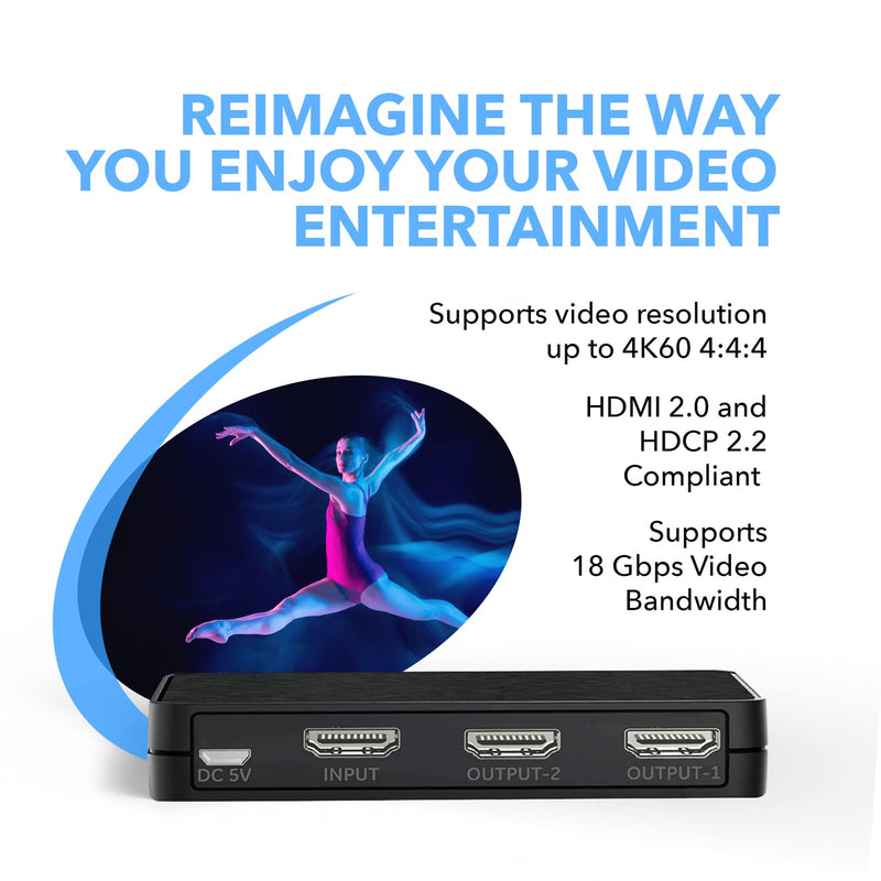 OREI 4K@60Hz 1 in 2 Out HDMI Duplicator Mirror only - with Scaler 1x2 2 Ports with Full Ultra HD, NOT for Multi Monitors or to Extend Monitor, 1080p & 3D Supports EDID Control - UHD-PRO102 1 x 2 HDMI Splitter