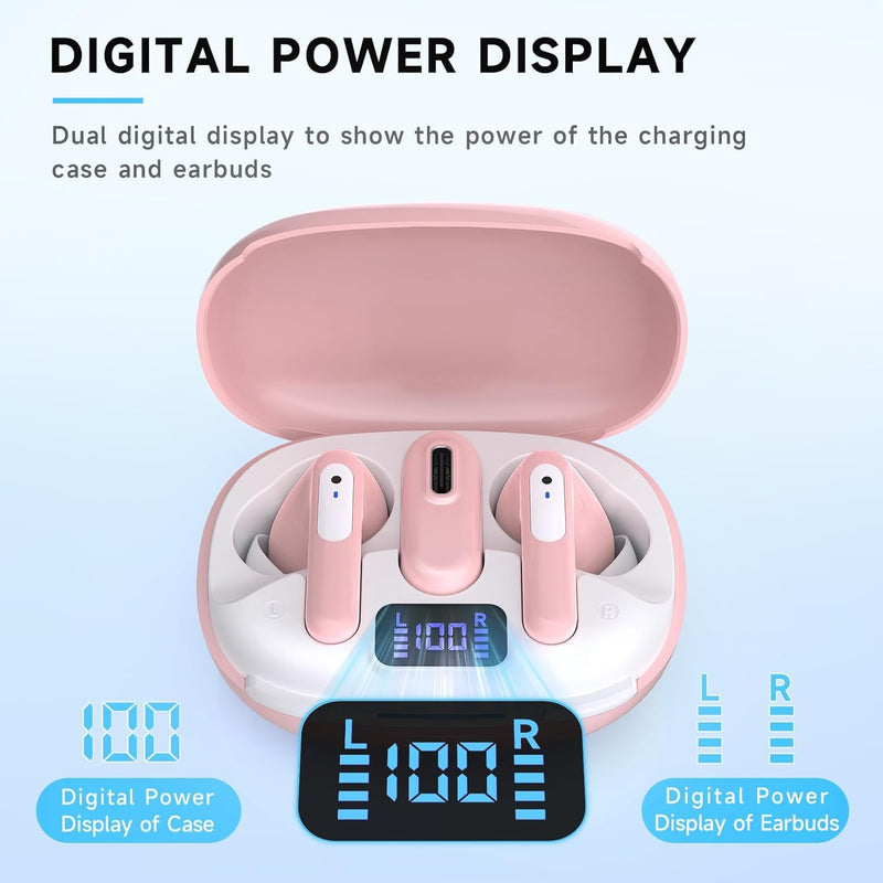 RYR Wireless Gaming Earbuds with Noise Cancelling Mic, 2.4Ghz & Bluetooth | 20ms Low Latency, LED Display, 36H Playtime for Meta Quest 3/2, PS5, PS4, VR, Switch, Steam Deck, PC, Phone Pink