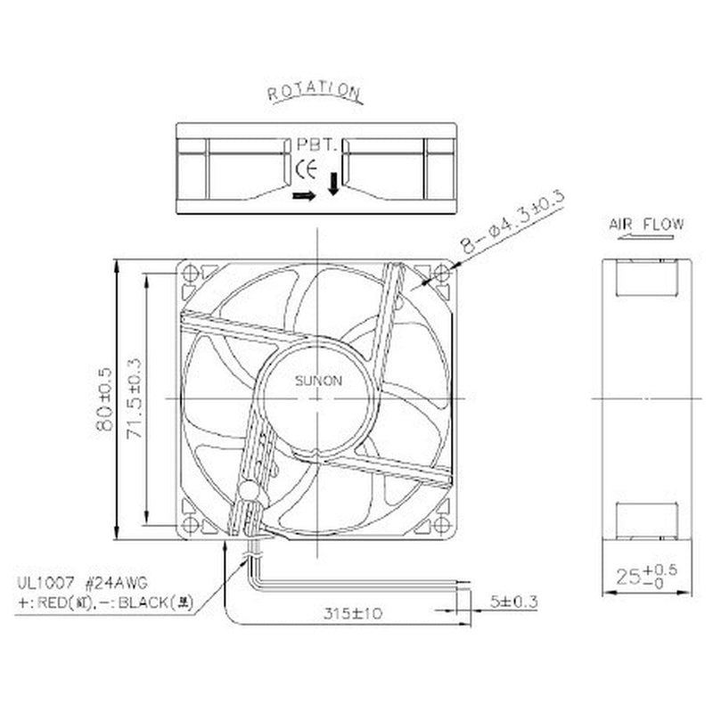 Sunon MF80252V11000UA99 Fan 24 V DC 1.56 W 80 x 80 x 25 mm 69.6 m³/h 69.6 m³/h 69.6 m³/h