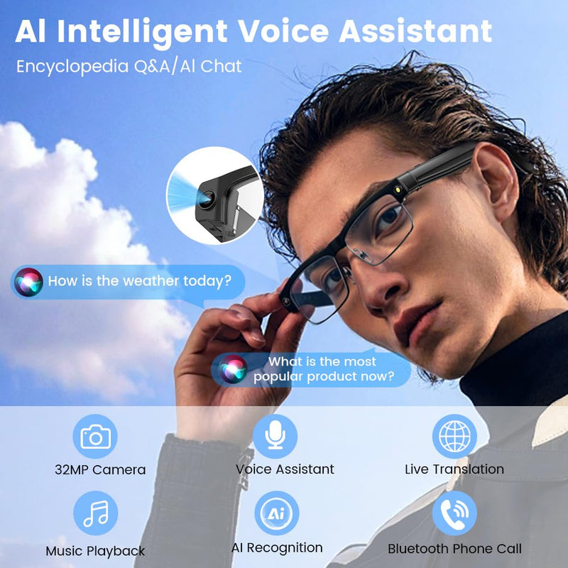 Smart Camera Glasses, Smart Glasses with Camera and Bluetooth 8MP HD Video Recording Anti-Shake 32G Support Chart GPT,WiFi,AI Voice Assistant,Translate,Music (Black Frame) Black Frame