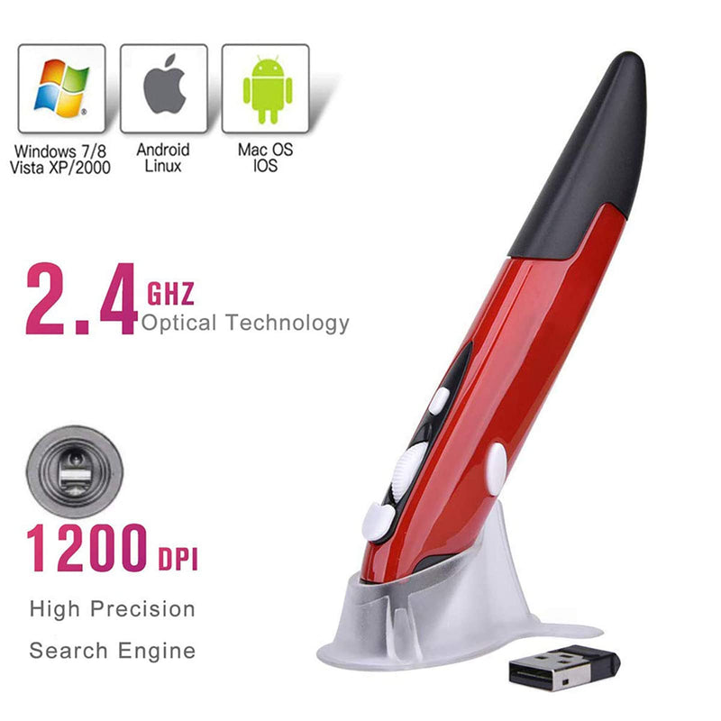 Wireless Optical Pocket Pen Mouse, Lychee 2.4GHZ USB Wireless Optical Pen Mouse 800/1200/1600 DPI Adjustable Handwriting Mini Air Mouse Mice for PC Laptop Notebook Computer Mac (Red) Red