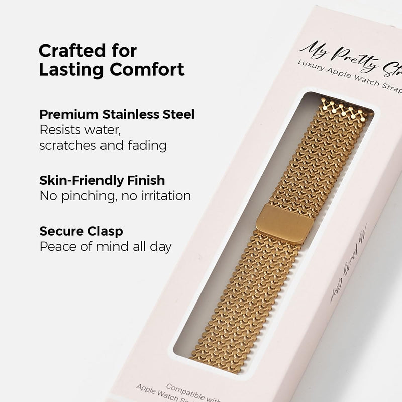 Compatible Apple Watch Band for Women, Stainless Steel- Fits Most Wrists | Series 1-11, SE and Ultra- iWatch Replacement Strap, Easy Resizing- No Tool Needed- Metal Fashion Watch Band JASMINE GOLD 44MM / 45MM / 46MM / 49MM / (Series 1-3 - 42MM)