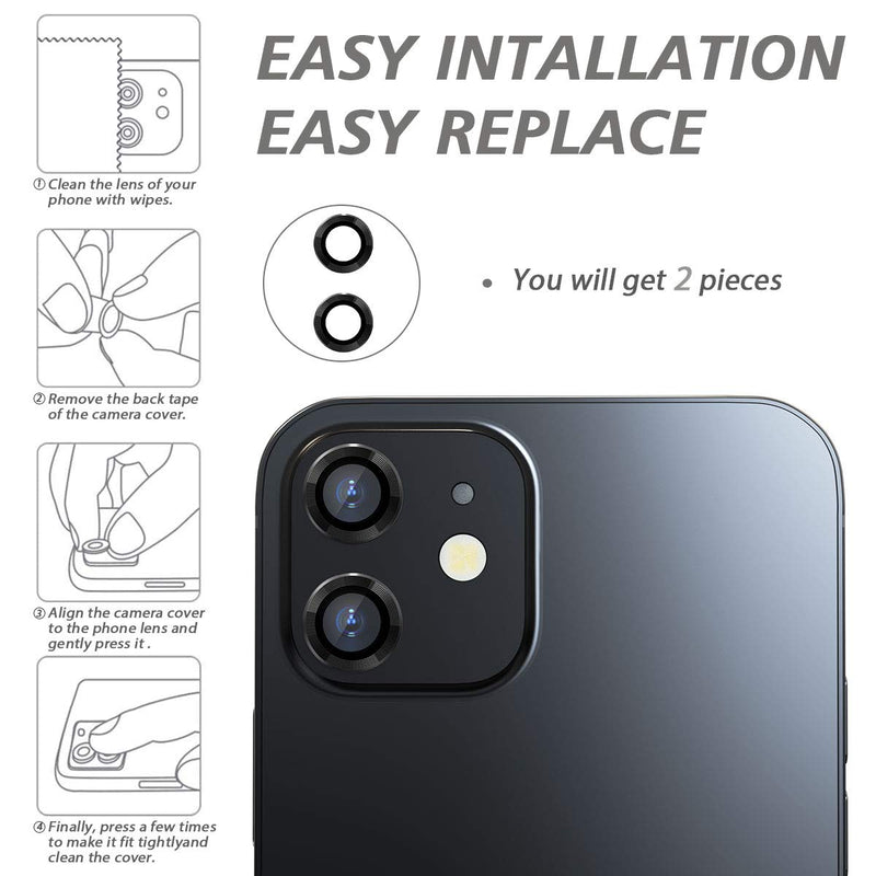 Camera Lens Protector for iphone 12/12 Mini / 11, Tempered Glass Film, Aluminum Alloy Screen Cover, 2 Pack Black, with Cleaning Kit