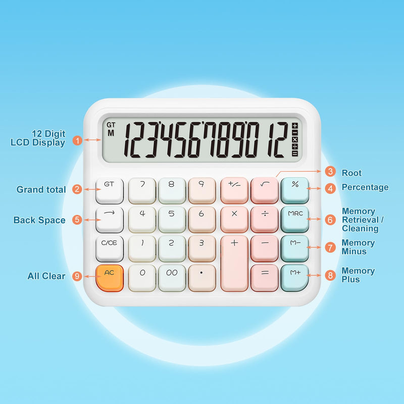 Pendancy Calculators Desktop 12 Digit, Cute Basic Calculator with Extra Large LCD Display and Buttons, for Office, School, Home Use White