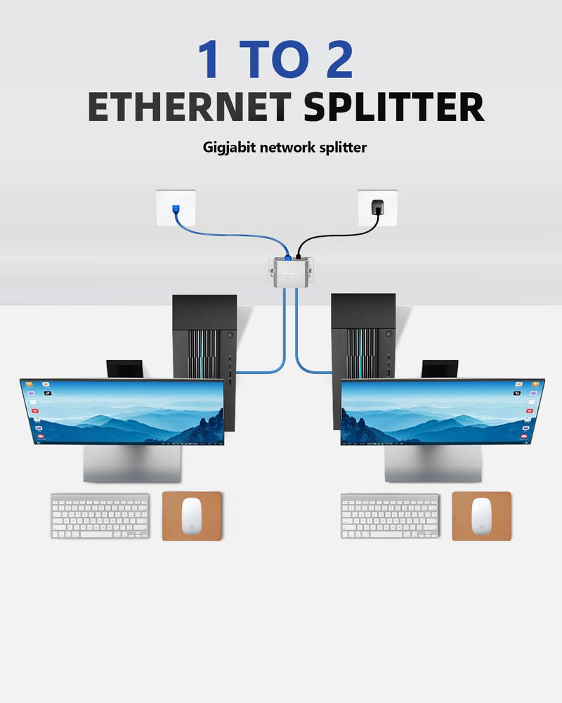 Gigabit Ethernet Splitter 4 Port & 2 Port with Wall Mount Ears for Home Office PS5 Router Smart TV Plug & Play 1000Mbps Powered Network Switch 1 to 4 Ethernet Hub 1 to 2