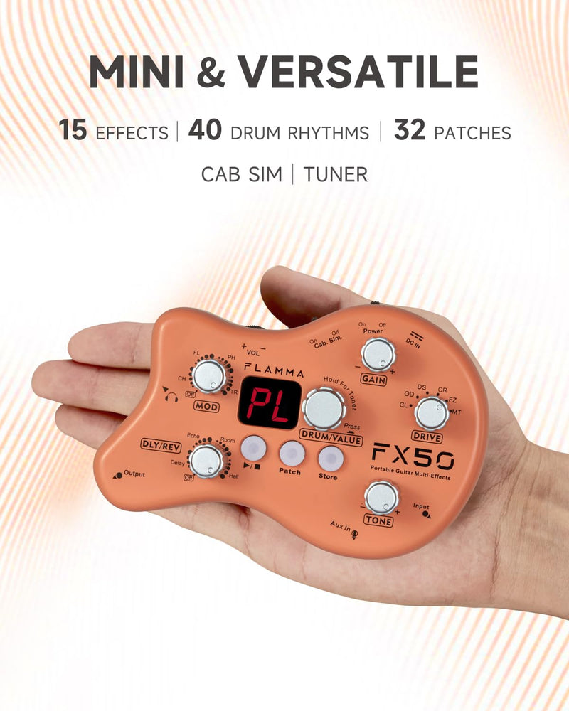 FLAMMA FX50 Practice Guitar Pedal Multi Effects Pedal Mini Portable with 40 Drum Rhythms15 Effects 32 Patches Tuner Function Support Both Corded and Battery Powered FX50 Orange