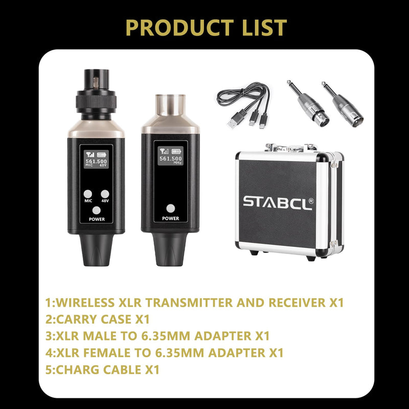 UHF Wireless XLR Transmitter and Receiver with Carry Case, Professional Wireless Microphone XLR Adapter for Dynamic & Condenser Mics and Audio Mixer Pa System, Rechargeable, 200ft Range.