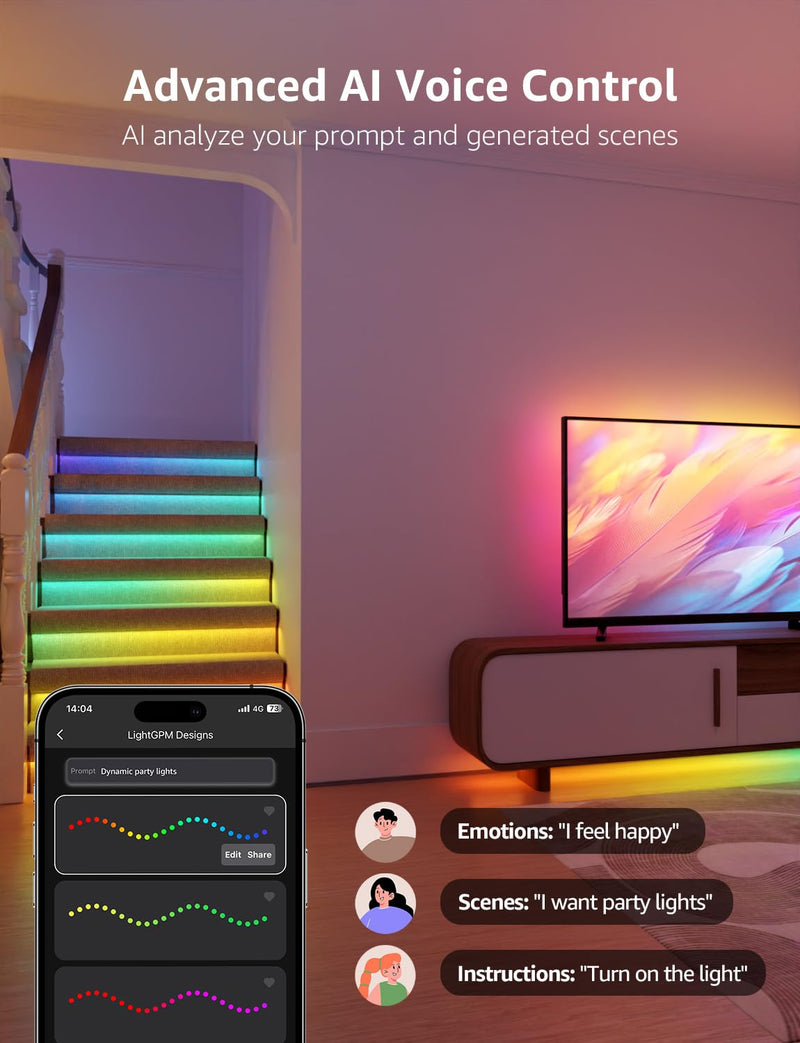 [AUSTRALIA] - Lepro S2 AI Smart LED Strip Lights - 16.4ft RGBCW Light Strips with 2700K-5700K Tunable Warm White, Color Segment DIY, Personalized Al Lighting Designer, APP Control(No Remote), 2.4G Wi-Fi & Bluetooth 