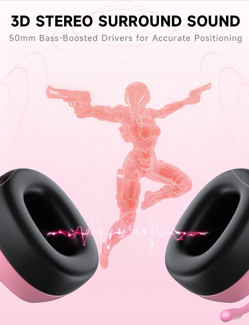 Gvyugke 2.4GHz Wireless Gaming Headsets for PS5, PS4, PC, Switch, BlushPink | Bluetooth 5.3 Gaming Headphones with Noise Canceling Mic, 7.1 Surround Sound, 70H Battery, Blue Lighting Blush Pink