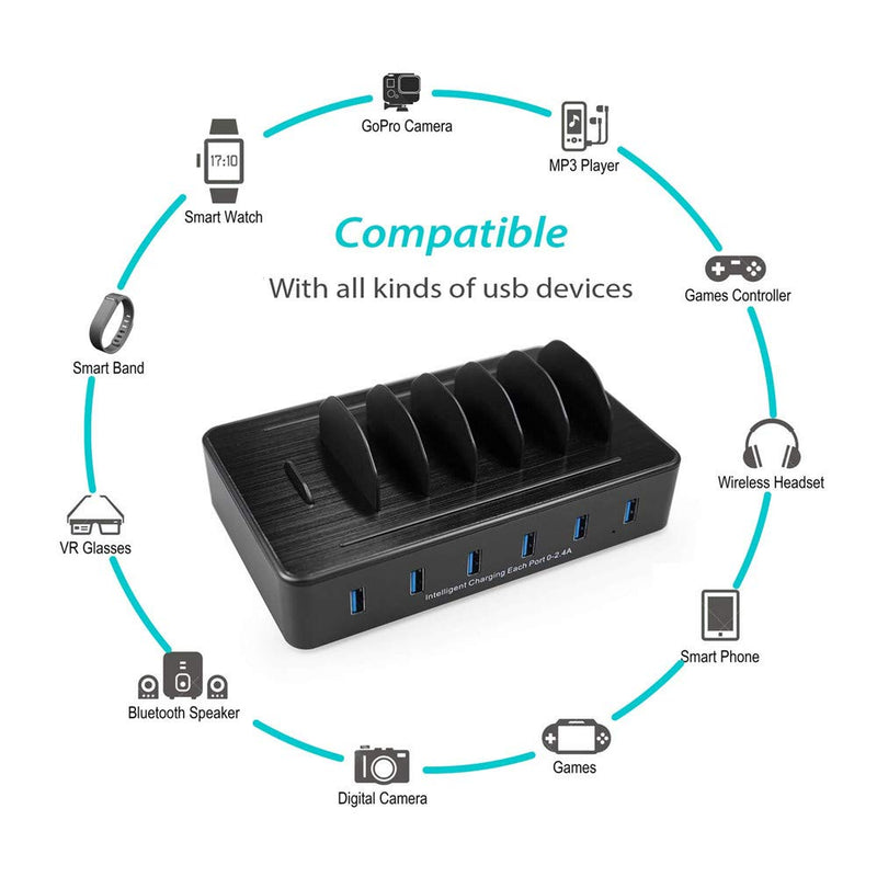 Fast Charging Station for Multiple Devices,50W 6 USB Ports Family Charger Compatible with Apple iPhone iPad and Android Phone and Tablet 6-USB-port&Black