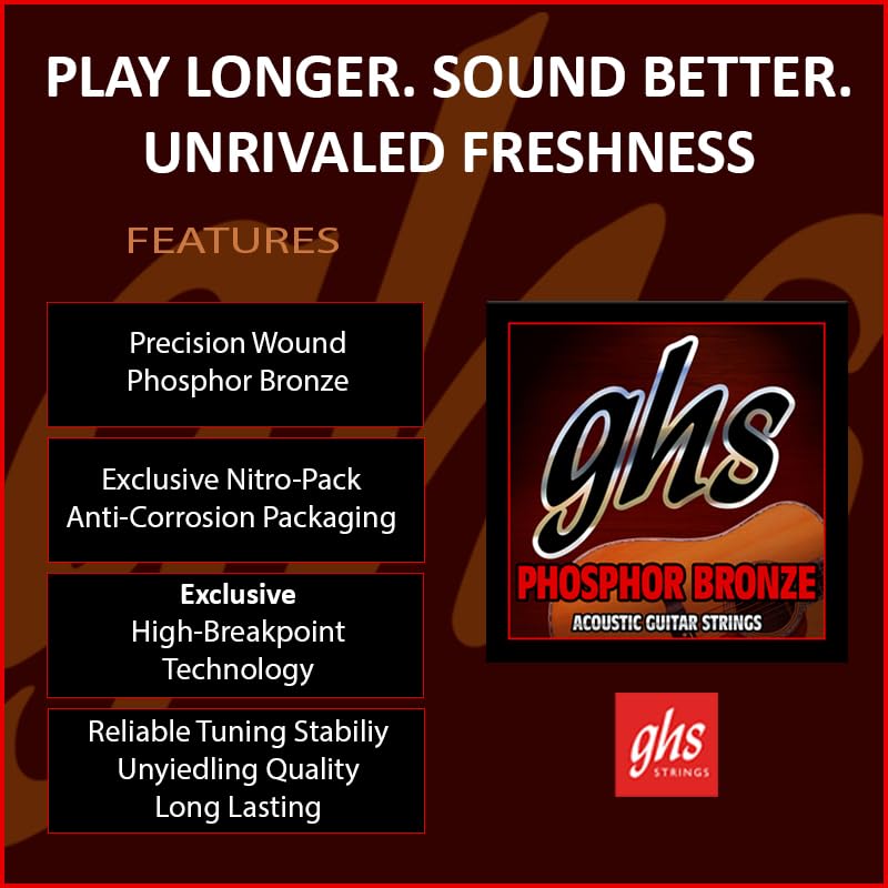 GHS Strings – Phosphor Bronze Acoustic Guitar Strings – Warm, Rich Tone, Balanced & Long-Lasting - For Acoustic, Fingerstyle, Strumming, Country, Rock, S335 Set (M) Medium Gauge 13-56, 3 PACK Standard Medium (13-56) Pack of 3