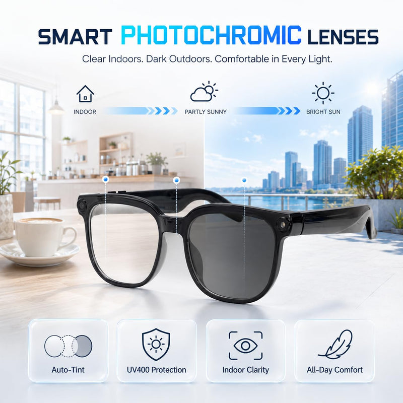 AI Smart Glasses with 8MP Camera, 6-Axis EIS 1200P Video Recording Sunglasses, Bluetooth 5.4 Open-Ear Audio with ChatGPT Translation for Cycling & Vlogging, 42g Lightweight Shiny Black02