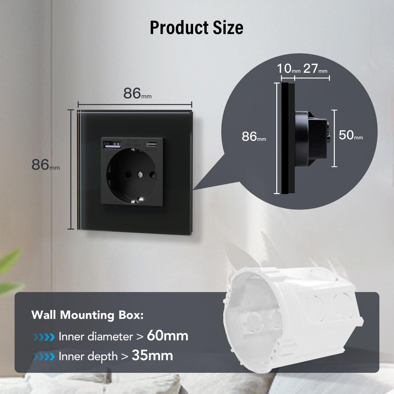 BSEED Glass Socket with 20 W USB C, Quick Charger Wall Socket, 3-in-1 Flush-Mounted Sockets, Easy Installation, 240 V 16 A, 86 mm Single Black 1-gang