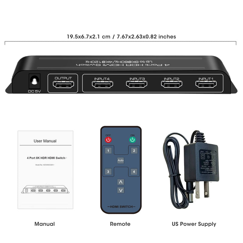 ROOFULL 4 Ports 8K HDMI 2.1 Switch 4 in 1 Out 8K@60Hz 4K@120Hz HDMI Switcher Selector with Remote Support Auto-Switching 48Gbps HDR 10+ Dolby Vision/Atmos HDCP 2.3 CEC Z-Black (8K)