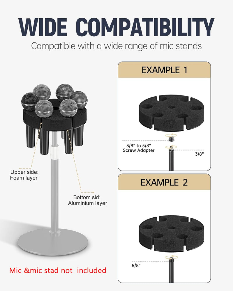 Multi Microphone Holder【Aluminum/Upgraded】Multi Mic Holder Up to 6 Mics, Wired and Wireless mic Holder for Stand, Multiple Microphone Holder for storage Organizer & Display, w/ 3/8"-16 Threaded