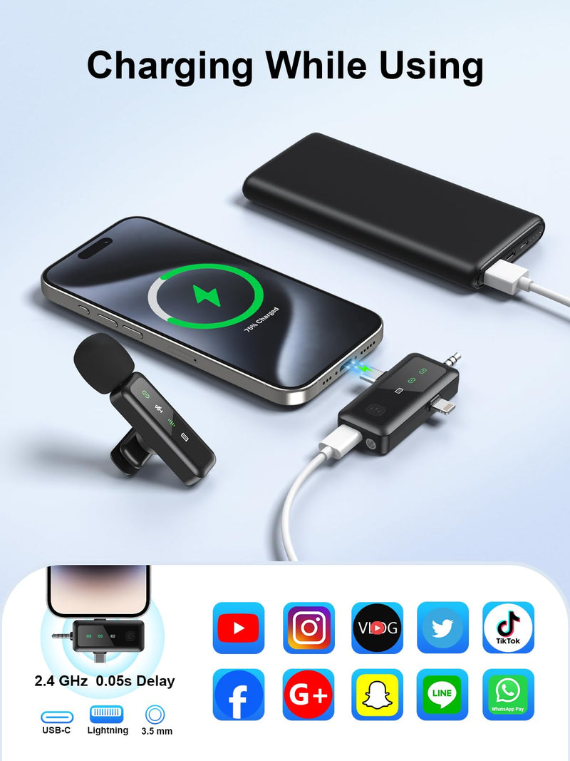 BILIWAL Wireless Lavalier Microphone, Noise Cancelling Lapel Recording Entry-Level 2 Pack Mics, 3IN1 Port for Most Devices 3IN1 RX Mic