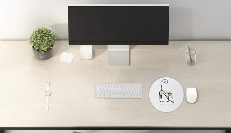 Lunarable Ivory and Black Mouse Pad for Computers, Doodle Siamese Cat Design Oriental House Pet Swirled Tail and Feet, Round Non-Slip Thick Rubber Modern Gaming Mousepad, 8" Round, Ivory and Black