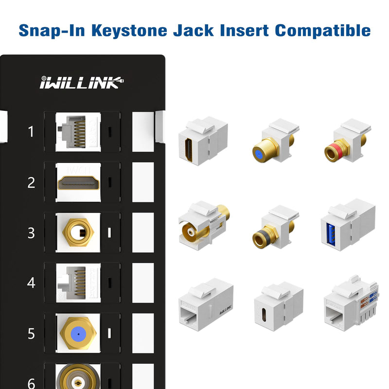 Iwillink 12 Port Blank Keystone Patch Panel with (6-Pack) Blank Keystone Jack Inserts, Wall Mount, Included 89D Bracket, Vertical or Horizontal Installation