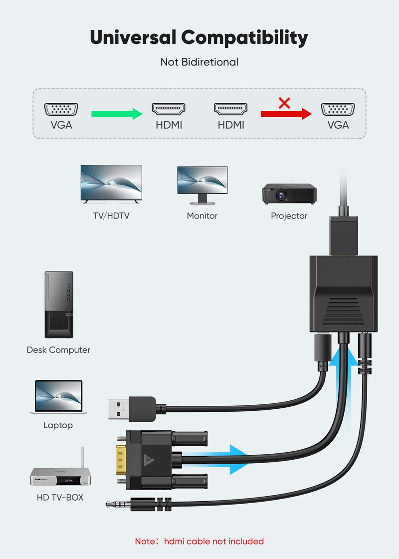 FOINNEX VGA to HDMI Adapter, Only from Computer/Laptop VGA Source to HDMI TV/Monitor, 1080P Male VGA to Female HDMI Converter Adaptador for Desktop Laptop Projector to Monitor HDTV, 0.33FT 0.33FT/0.1M VGA to HDMI Adapter