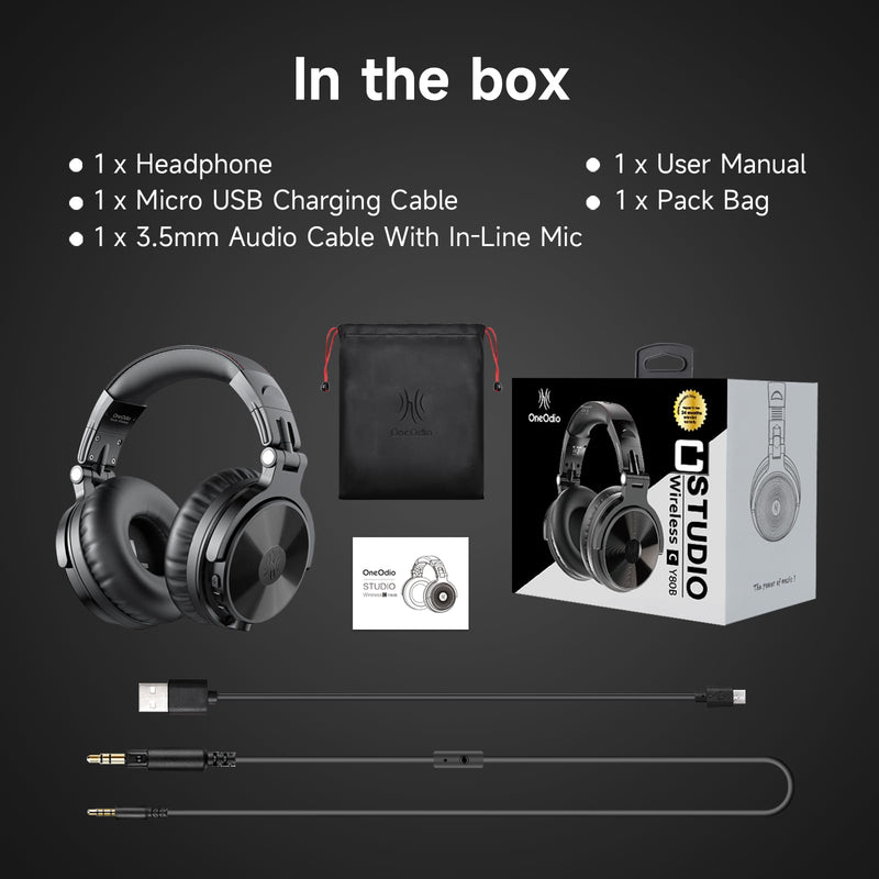 OneOdio Pro C Wired & Wireless Over-Ear Headphones, 110H, 50mm Drivers | Wired 3.5mm and wireless Bluetooth modes with 110H playtime, 50mm drivers and HD mic for PC, podcast and studio work Black