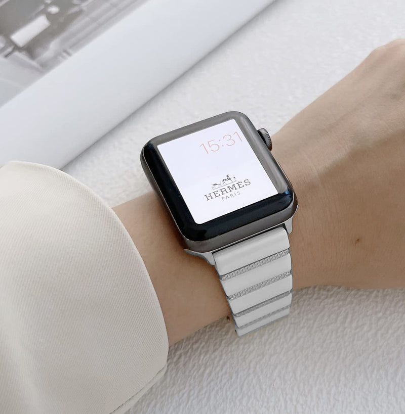 Ceramic Band for Apple Watch 42mm/41mm, Metal Inlay Bracelet, White/Silver | MaKTech 316L Stainless Steel Clasp, Diamond-Shaped Metal Strip, for Apple Watch Series 11/10 42mm, 9/8/7 41mm, SE 3/2/1 40mm 42mm/41mm/40mm